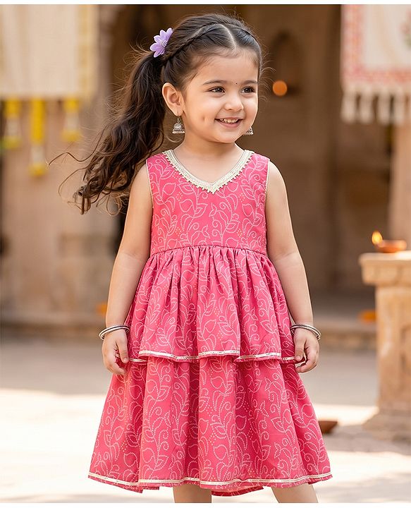 Babyhug Woven Ethnic Dress with Sleeveless and Leaf Print in Light Red