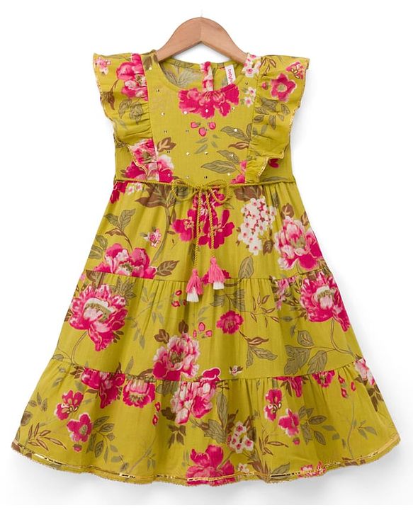 Babyhug Cambric Woven Ethnic Dresses with Half Sleeves and Floral Print in Green for New born