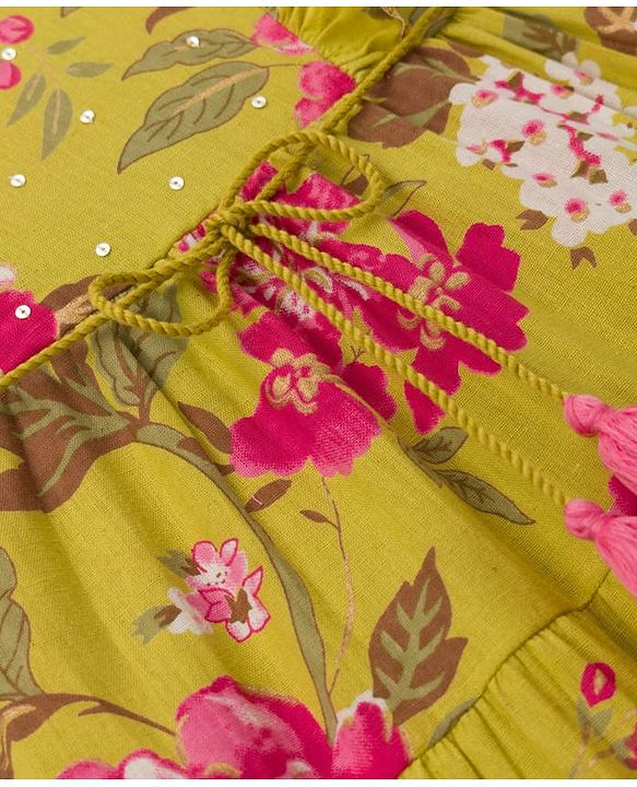 Babyhug Cambric Woven Ethnic Dresses with Half Sleeves and Floral Print in Green for New born