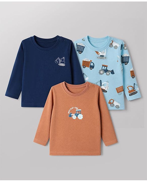 Babyhug 100% Cotton Knit Full Sleeves Tshirts With Vehicle Print Pack Of 3 - Orange & Blue