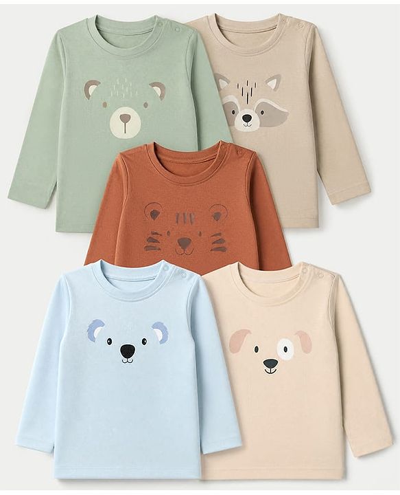 Babyhug 100% Cotton Knit Full Sleeves T-Shirts with Bear Raccoon Tiger Koala Puppy Print Pack of 5 - Light Blue Beige Cream Light Green Brown