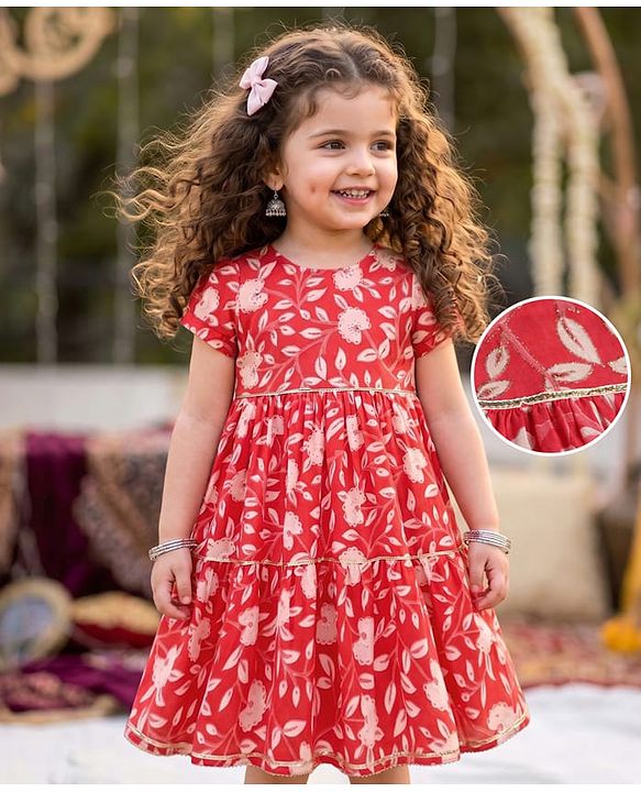 Babyhug Cambric Woven Ethnic Dress with Half Sleeves and Floral Print in Pink for 3-6 Months