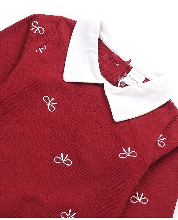 Babyhug 100% Cotton Terry Knit Top and Skirt with Full Sleeves and Tartan Plaid Print in Maroon for 12-18 Months