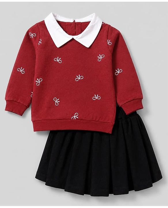 Babyhug 100% Cotton Terry Knit Top and Skirt with Full Sleeves and Tartan Plaid Print in Maroon for 12-18 Months