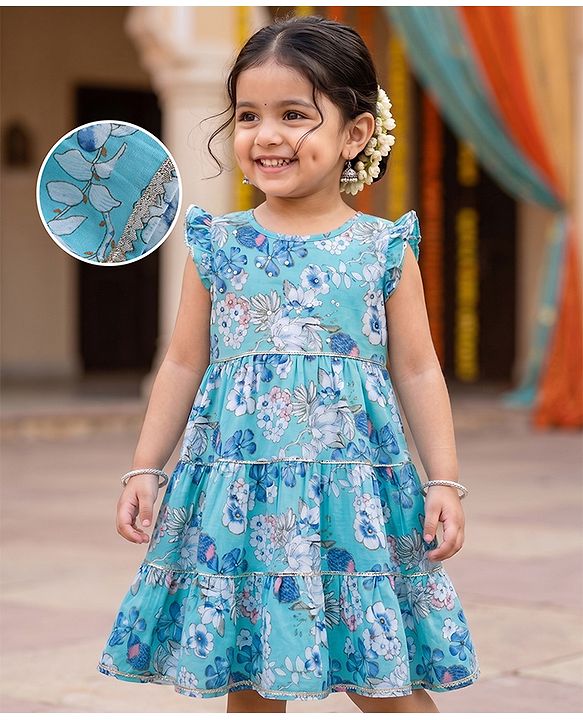 Babyhug Cambric Woven Ethnic Dresses with Half Sleeves and Floral Print - Light Blue