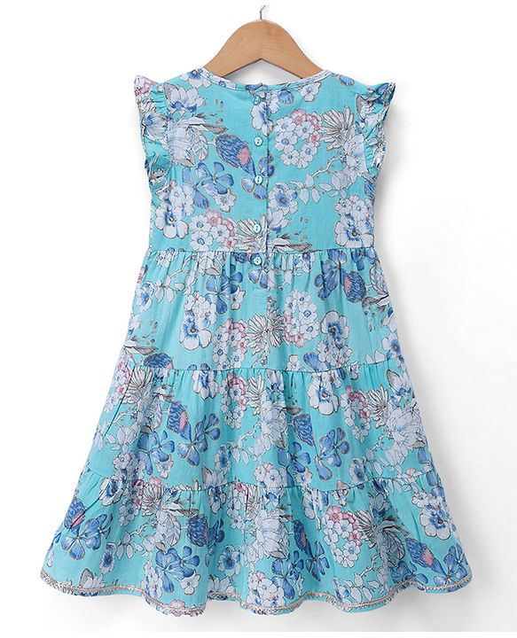 Babyhug Cambric Woven Ethnic Dresses with Half Sleeves and Floral Print - Light Blue