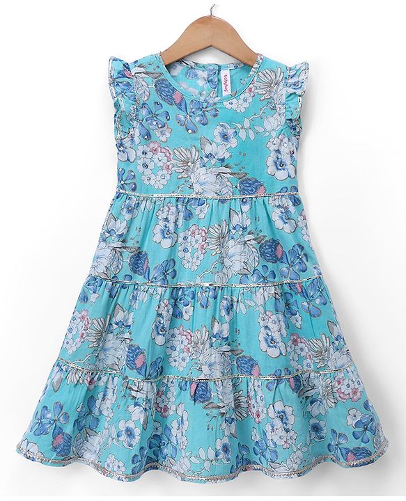 Babyhug Cambric Woven Ethnic Dresses with Half Sleeves and Floral Print - Light Blue