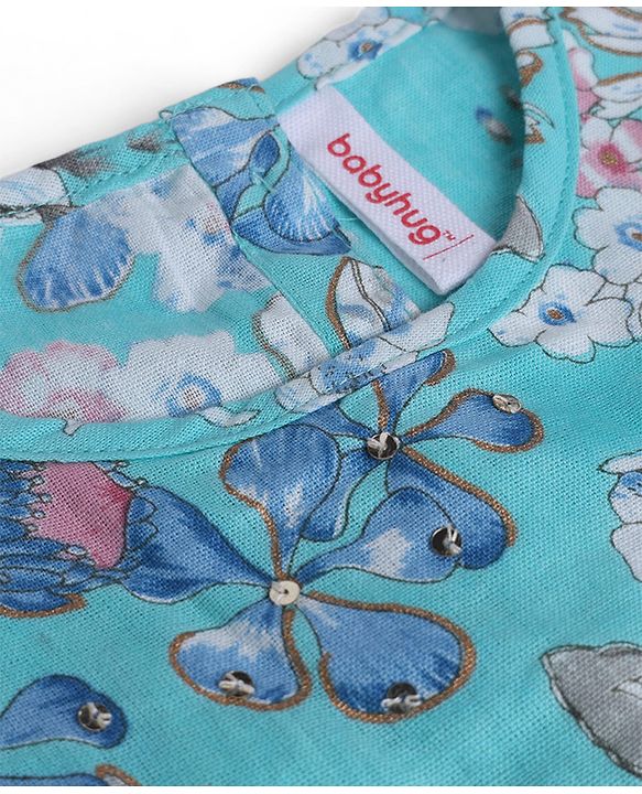 Babyhug Cambric Woven Ethnic Dresses with Half Sleeves and Floral Print - Light Blue