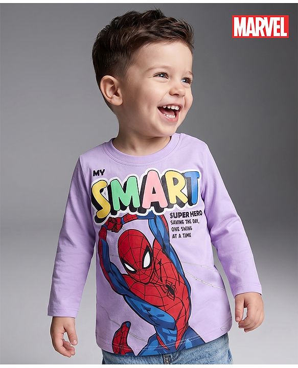 Babyhug Marvel 100% Cotton Single Jersey Knit T-Shirt with Full Sleeves and Spiderman Graphic Print - Lavender