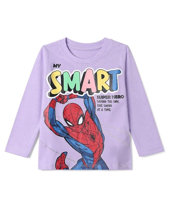 Babyhug Marvel 100% Cotton Single Jersey Knit T-Shirt with Full Sleeves and Spiderman Graphic Print - Lavender