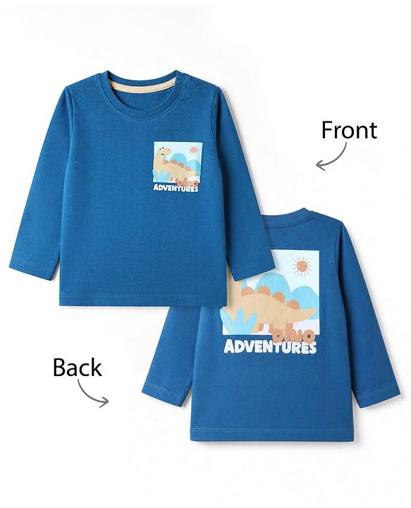 Babyhug 100% Cotton Knit Full Sleeves T-Shirt With Front & Back And Dinosaur Print - Blue