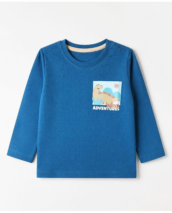 Babyhug 100% Cotton Knit Full Sleeves T-Shirt With Front & Back And Dinosaur Print - Blue