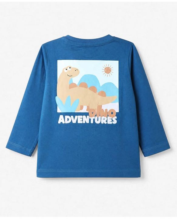 Babyhug 100% Cotton Knit Full Sleeves T-Shirt With Front & Back And Dinosaur Print - Blue