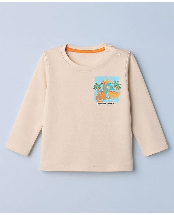 Babyhug 100% Cotton Knit T-Shirt with Full Sleeves Front and Back Dinosaur Print in Offwhite