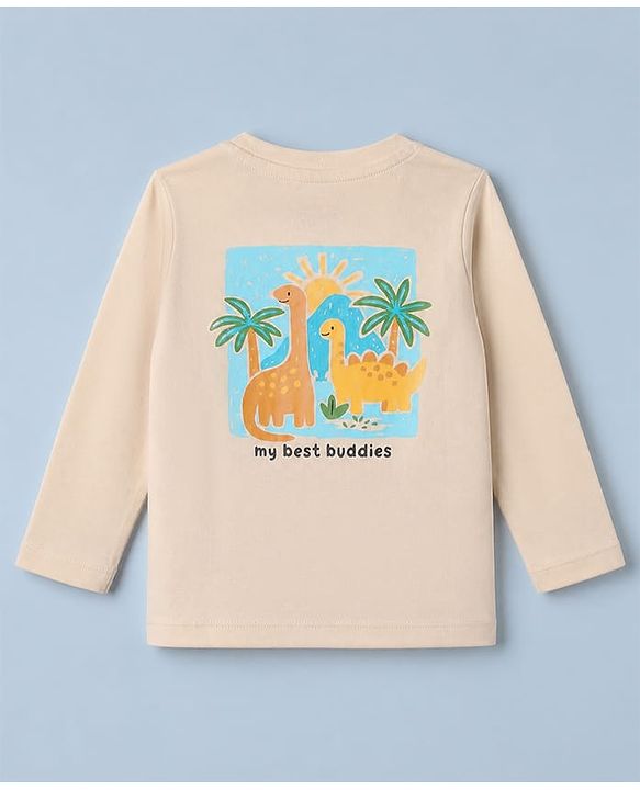 Babyhug 100% Cotton Knit T-Shirt with Full Sleeves Front and Back Dinosaur Print in Offwhite