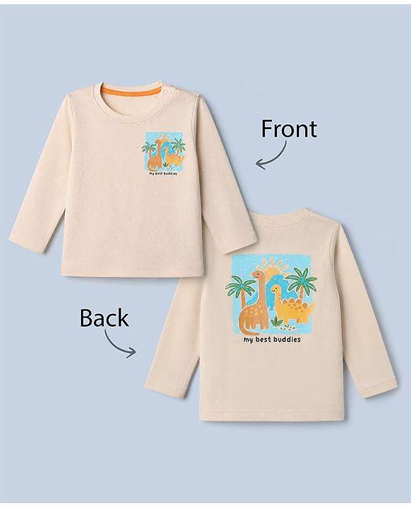 Babyhug 100% Cotton Knit T-Shirt with Full Sleeves Front and Back Dinosaur Print in Offwhite