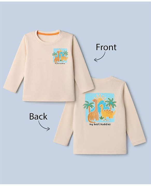 Babyhug 100% Cotton Knit T-Shirt with Full Sleeves Front and Back Dinosaur Print in Offwhite