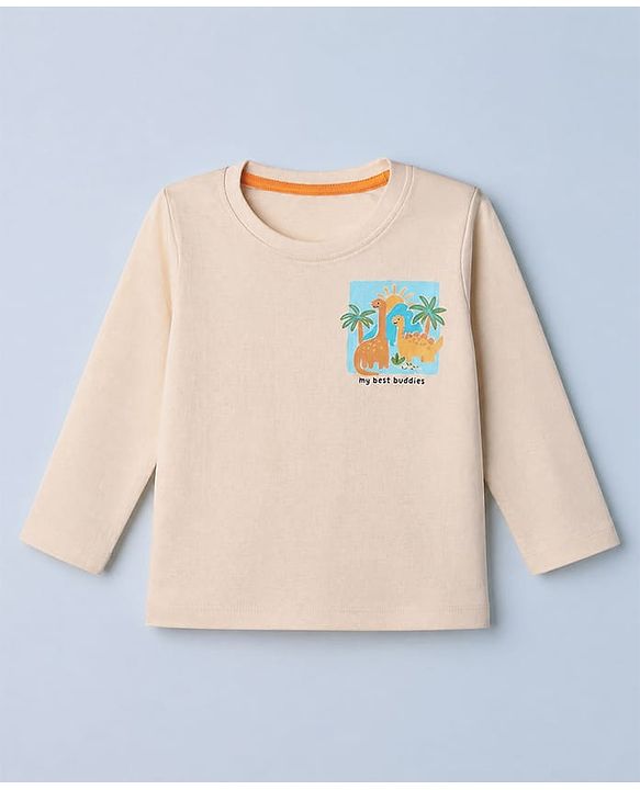 Babyhug 100% Cotton Knit T-Shirt with Full Sleeves Front and Back Dinosaur Print in Offwhite