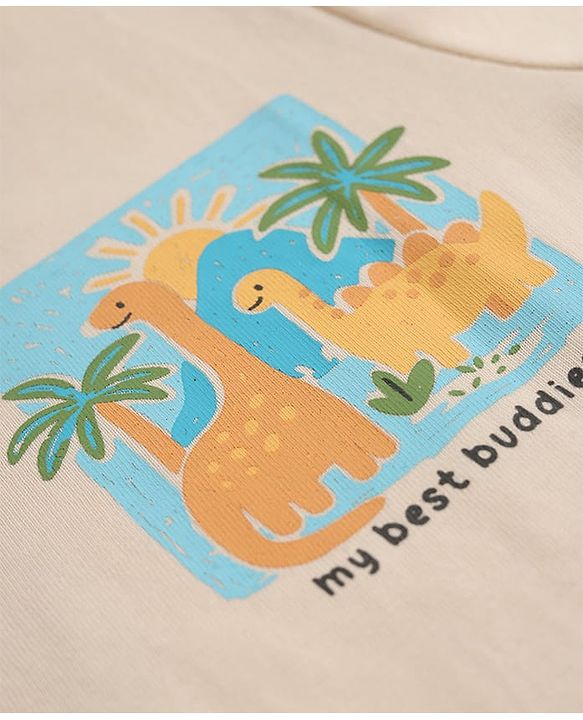 Babyhug 100% Cotton Knit T-Shirt with Full Sleeves Front and Back Dinosaur Print in Offwhite