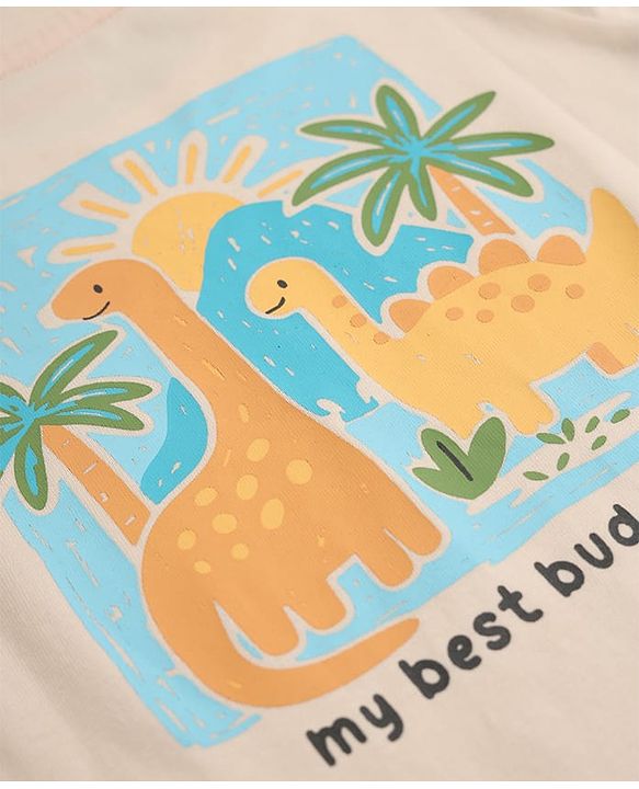 Babyhug 100% Cotton Knit T-Shirt with Full Sleeves Front and Back Dinosaur Print in Offwhite