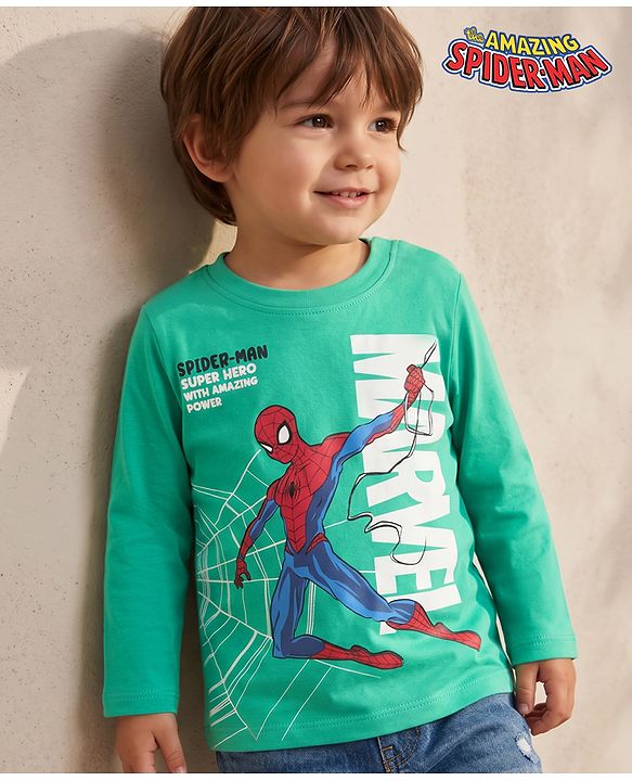 Babyhug Marvel 100% Cotton Knit T-Shirt with Full Sleeves and Spider-Man Print in Mint