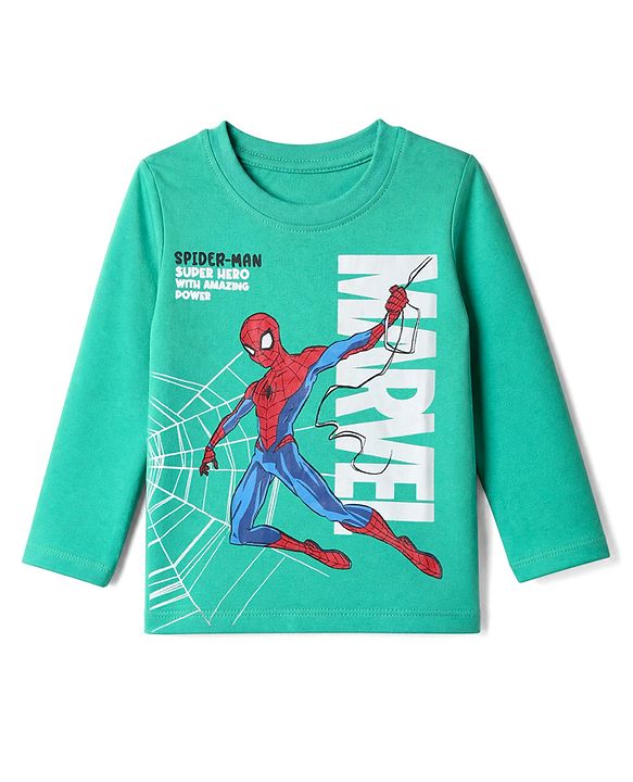 Babyhug Marvel 100% Cotton Knit T-Shirt with Full Sleeves and Spider-Man Print in Mint
