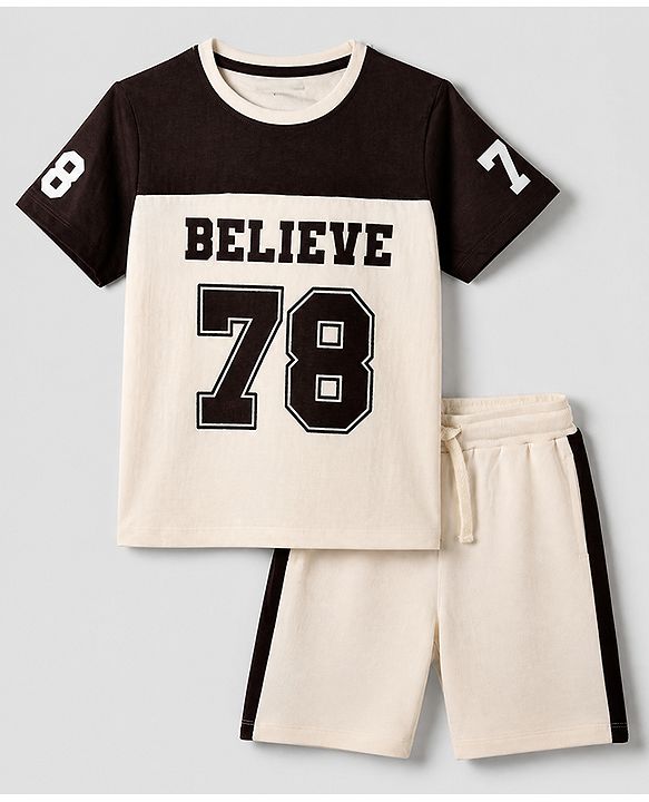 Pine Kids 100% Cotton Single Jersey Knit Half Sleeves T-Shirt and Shorts Set Text Print - Cream
