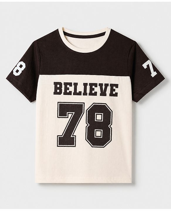 Pine Kids 100% Cotton Single Jersey Knit Half Sleeves T-Shirt and Shorts Set Text Print - Cream