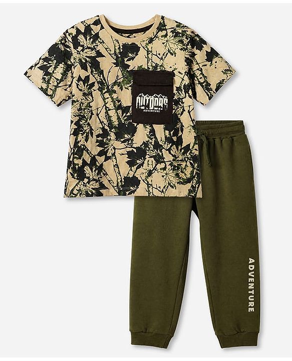 Pine Kids 100% Cotton Single Jersey Knit Half Sleeves T-Shirt and Jogger with Full Length and Leaf Print in Beige