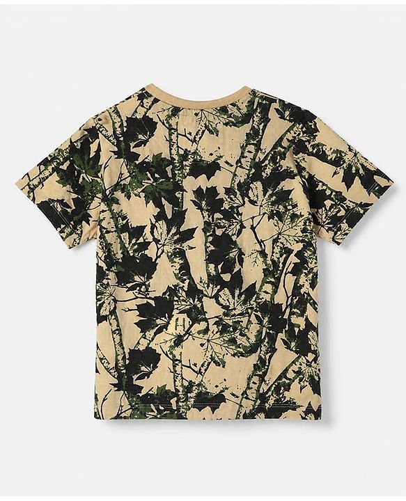 Pine Kids 100% Cotton Single Jersey Knit Half Sleeves T-Shirt and Jogger with Full Length and Leaf Print in Beige