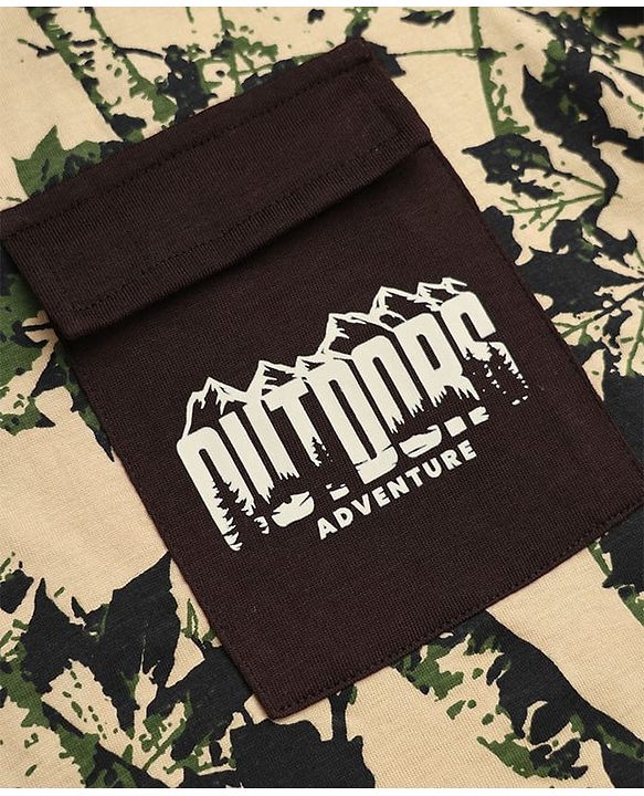 Pine Kids 100% Cotton Single Jersey Knit Half Sleeves T-Shirt and Jogger with Full Length and Leaf Print in Beige