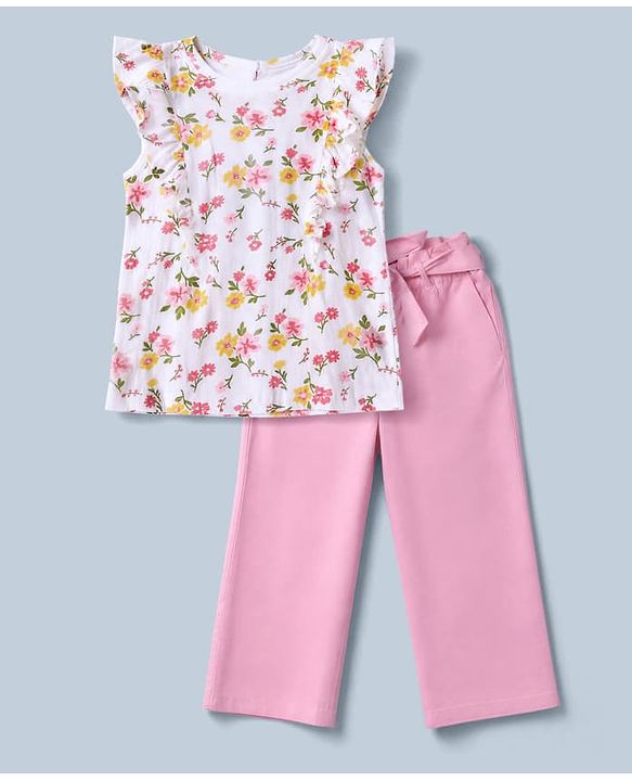 Pine Kids Single Jersey Knit Sleeveless Floral Printed Top & Pant Set - Pink