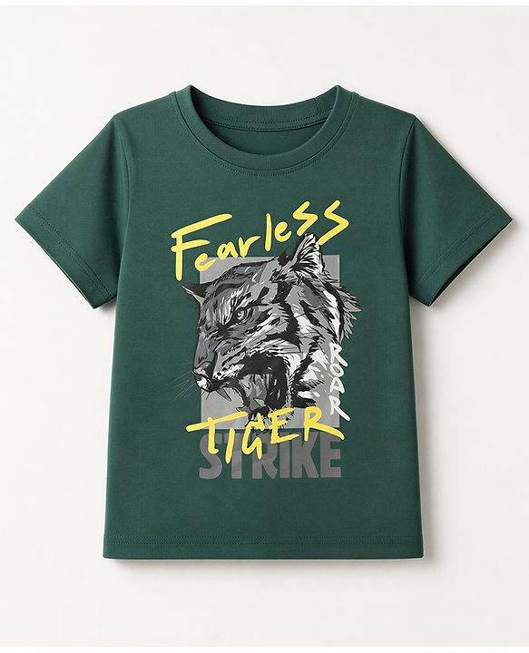 Pine Kids Looper Knit Half Sleeves T-shirt & Joggers Set With Text Print - Green