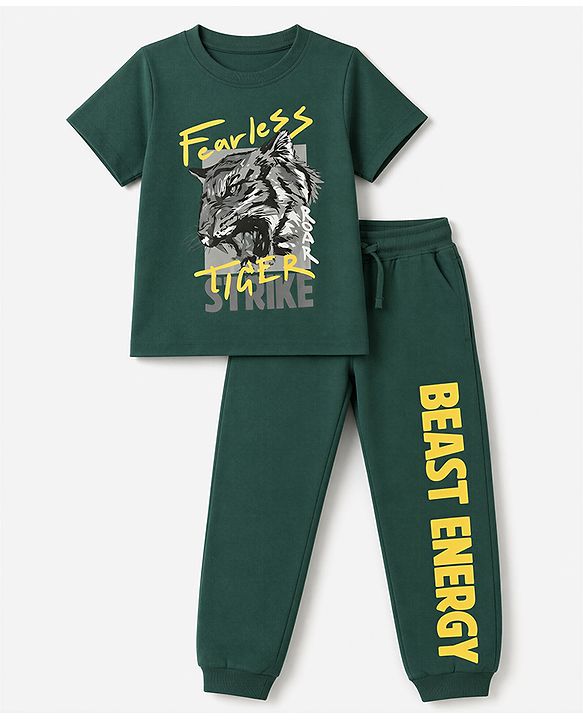 Pine Kids Looper Knit Half Sleeves T-shirt & Joggers Set With Text Print - Green