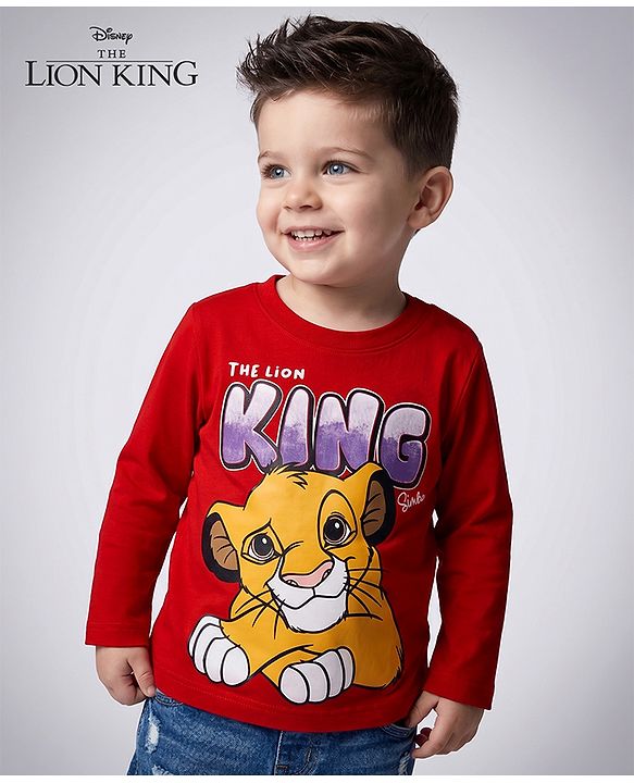 Babyhug Disney Cotton Single Jersey Knit Full Sleeves T-Shirt with Simba King Print - Red