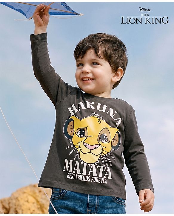 Babyhug Disney Cotton Single Jersey Knit T-Shirt with Full Sleeves and The Lion King Print in Grey for 9-12 Months