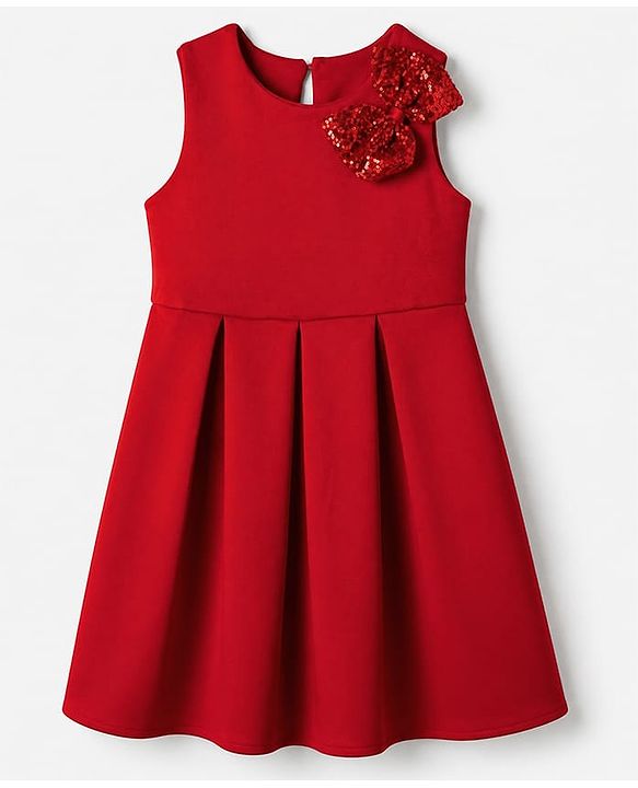 Pine Kids Woven Sleeveless Pleated Party Dress With Sequinned Bow Applique - Dark Red