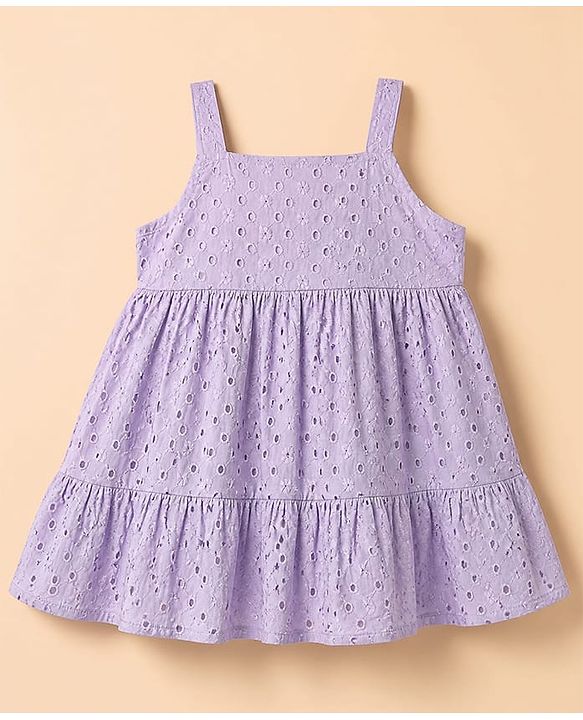 Babyhug 100% Cotton Woven Frock and Tee with Half Sleeves and Eyelet Embroidery in Lavender for 3-6 Months