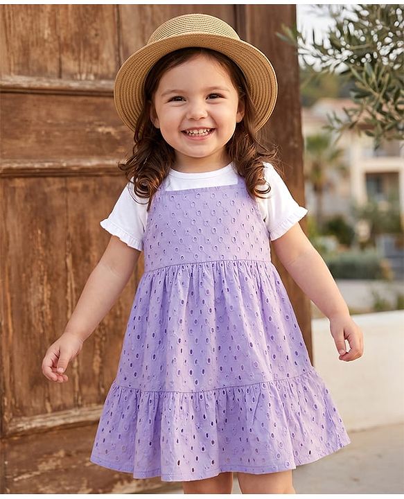 Babyhug 100% Cotton Woven Frock and Tee with Half Sleeves and Eyelet Embroidery in Lavender for 3-6 Months