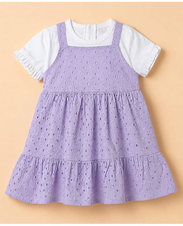 Babyhug 100% Cotton Woven Frock and Tee with Half Sleeves and Eyelet Embroidery in Lavender for 3-6 Months