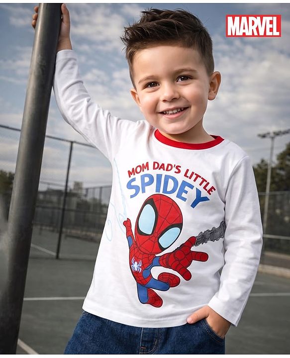 Babyhug Marvel Cotton Single Jersey Knit T-Shirt with Full Sleeves and Spiderman Print in White for 6-9 Months