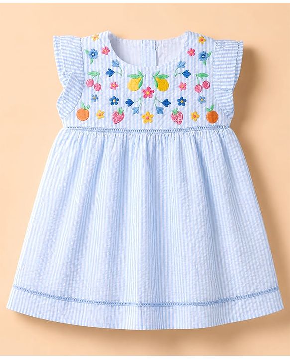 Babyhug Cotton Woven Fit and Flare Frock with Half Sleeves and Fruit and Flowers Embroidery - Blue