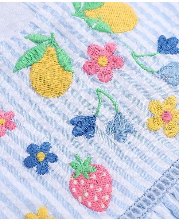 Babyhug Cotton Woven Fit and Flare Frock with Half Sleeves and Fruit and Flowers Embroidery - Blue