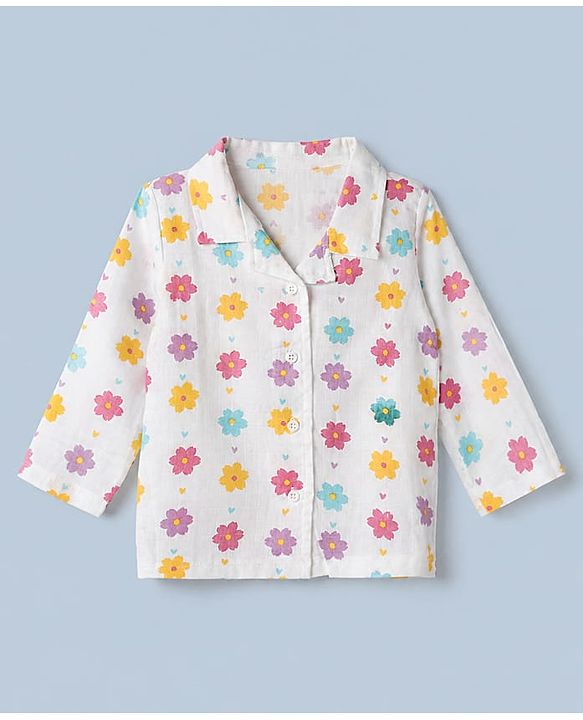 Babyhug Cotton Muslin Woven Front Open Co-ord Shirt & Pajama Night Suit with Floral & Heart Print - White