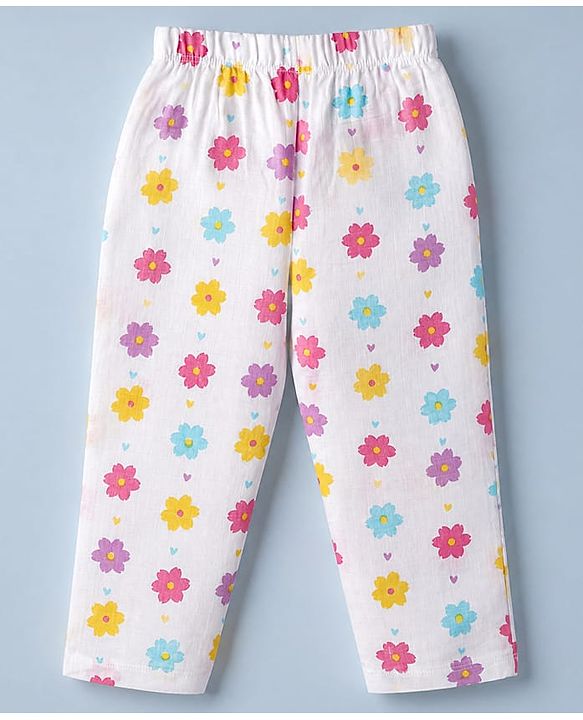 Babyhug Cotton Muslin Woven Front Open Co-ord Shirt & Pajama Night Suit with Floral & Heart Print - White