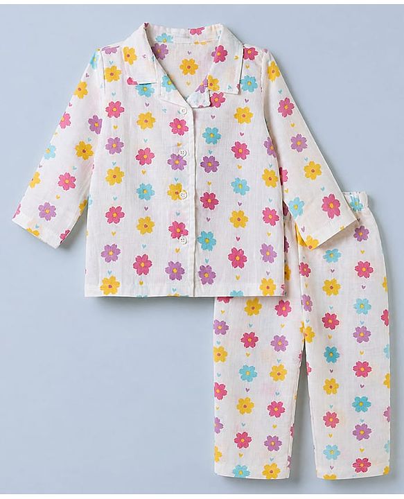 Babyhug Cotton Muslin Woven Front Open Co-ord Shirt & Pajama Night Suit with Floral & Heart Print - White