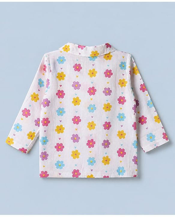 Babyhug Cotton Muslin Woven Front Open Co-ord Shirt & Pajama Night Suit with Floral & Heart Print - White