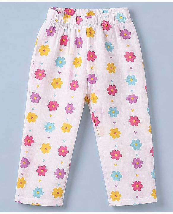 Babyhug Cotton Muslin Woven Front Open Co-ord Shirt & Pajama Night Suit with Floral & Heart Print - White