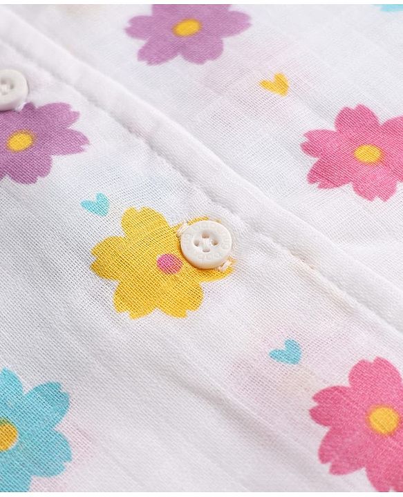 Babyhug Cotton Muslin Woven Front Open Co-ord Shirt & Pajama Night Suit with Floral & Heart Print - White