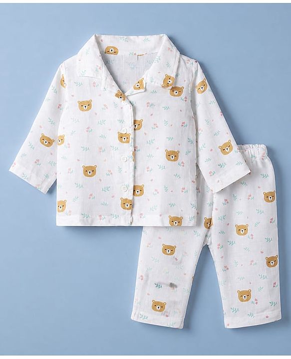 Babyhug Cotton Muslin Woven Front Open Co-ord Shirt & Pajama Night Suit with Floral & Bear Print - White